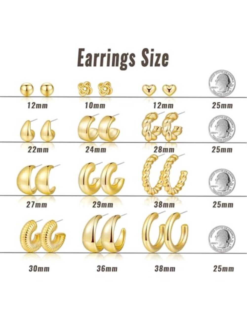 12 Pairs Chunky Gold Hoop Earrings for Women Trendy, Gold Plated Lightweight - Picture 6 of 7